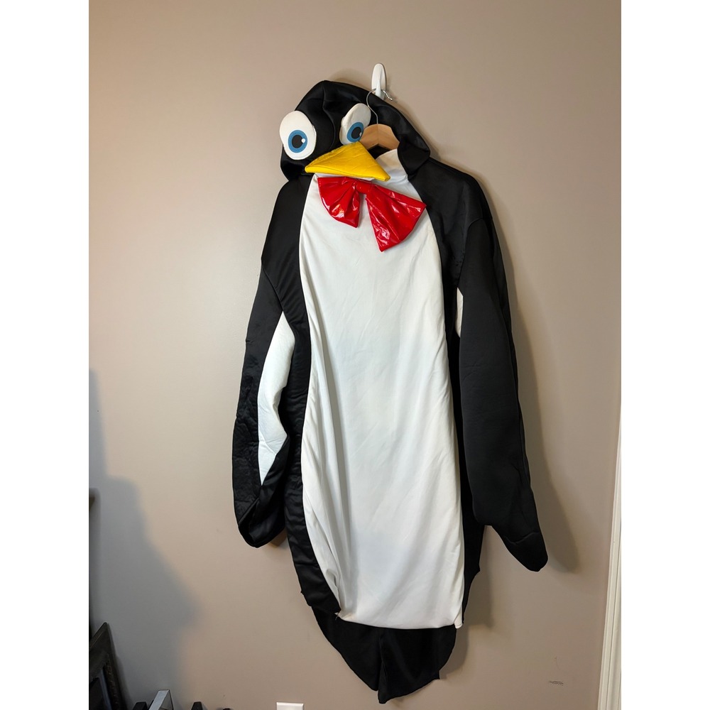 Penguin Costume Adult Standard Black White Excellent Red Bowtie Hooded